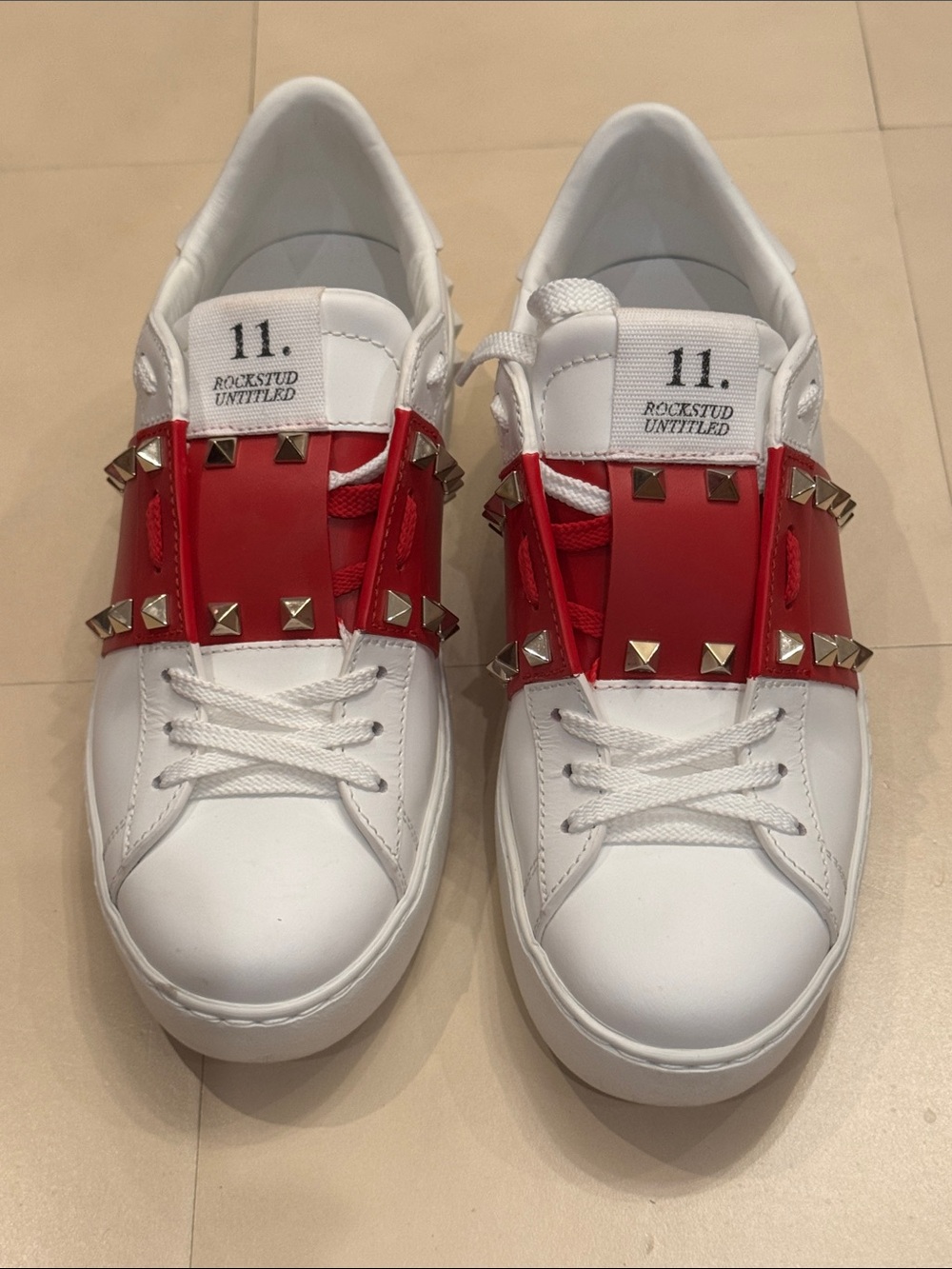 Valentino White Sneakers with Red Strap and Gold Studs